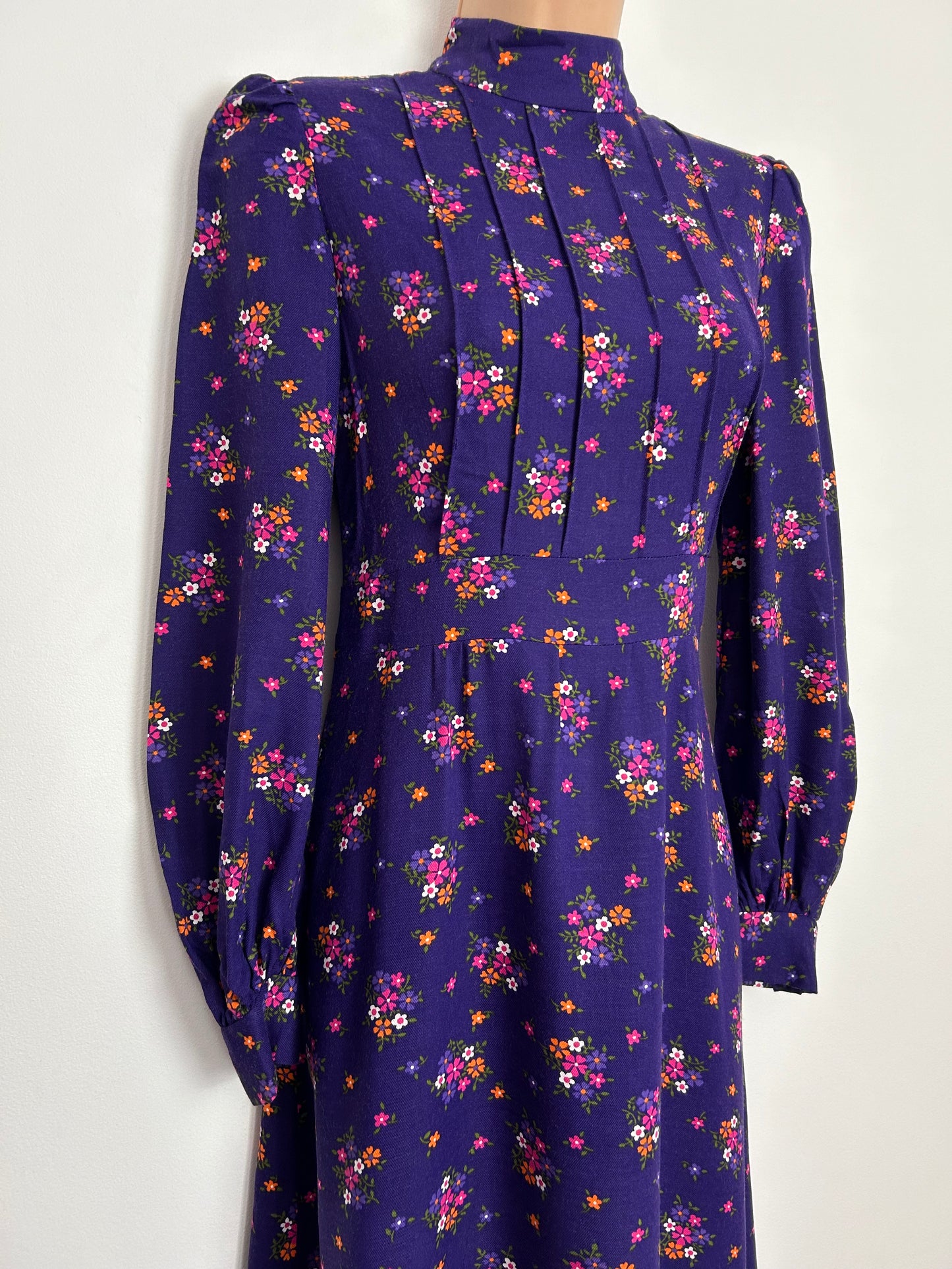 Vintage 1970s Purple Floral Print Brushed Cotton Long Sleeve Prairie Boho Maxi Dress