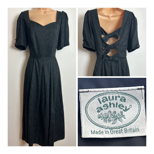 Vintage 1980s LAURA ASHLEY Size 14 (18 On label) Black Floral Open Bow Back Pleated Dress