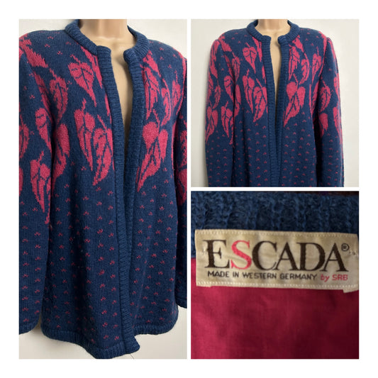 Vintage 1980s ESCADA Up To Size 16 KID MOHAIR Blue & Pink Leaf Print Open Fronted Long Sleeve Cardigan