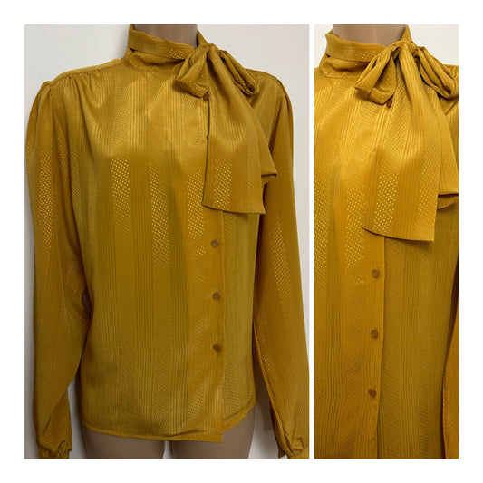 Vintage 1980s WINDSMOOR Size 12 Mustard Yellow Pussy Bow Long Sleeve Oversized Blouse