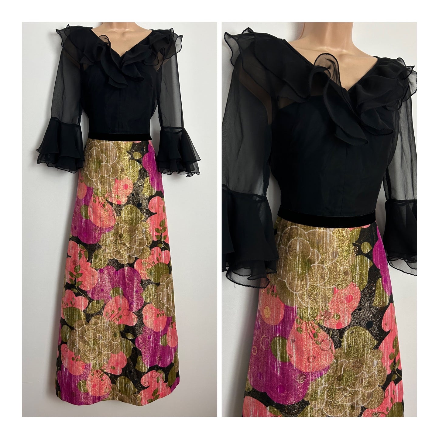 Vintage 1970s Beautiful UK Size 8 Black Pink & Gold Floral Print Lurex Ruffle Trim Flared Cuff Occasion Evening Maxi Dress