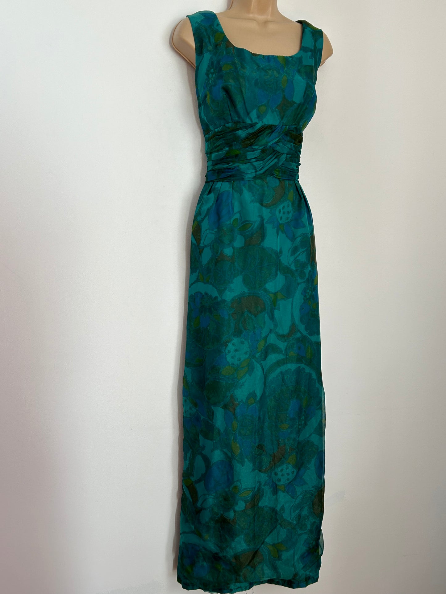 Vintage Early 1960s UK Size 12 Green Tones Floral Print Ruched Waist Detail Occasion Maxi Dress