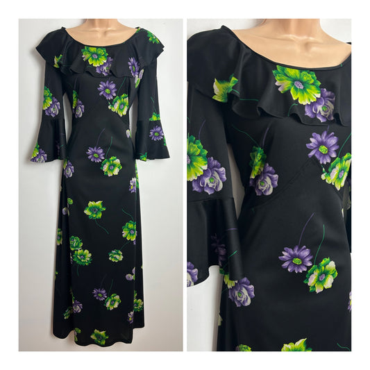Vintage 1970s Size 12-14 Black Purple & Green Floral Print Frill Collar 3/4 Sleeve Maxi Dress