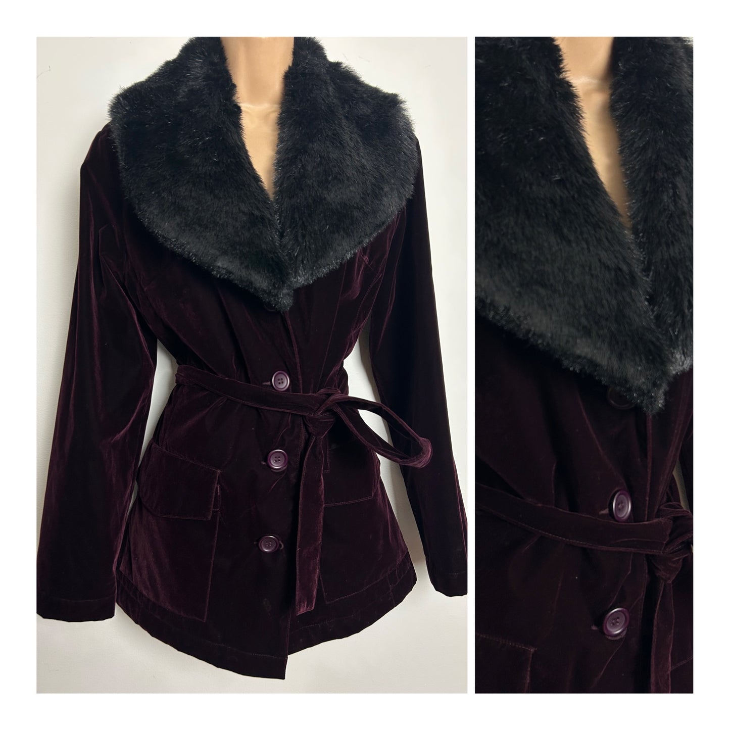 Vintage 1990s ICI & MAINTENANT Size 10-12 (T2) Aubergine Purple Velvet Faux Fur Belted Coat