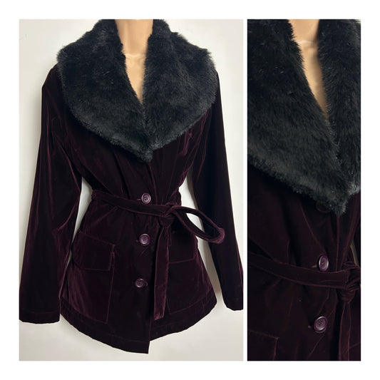 Vintage 1990s ICI & MAINTENANT Size 10-12 (T2) Aubergine Purple Velvet Faux Fur Belted Coat