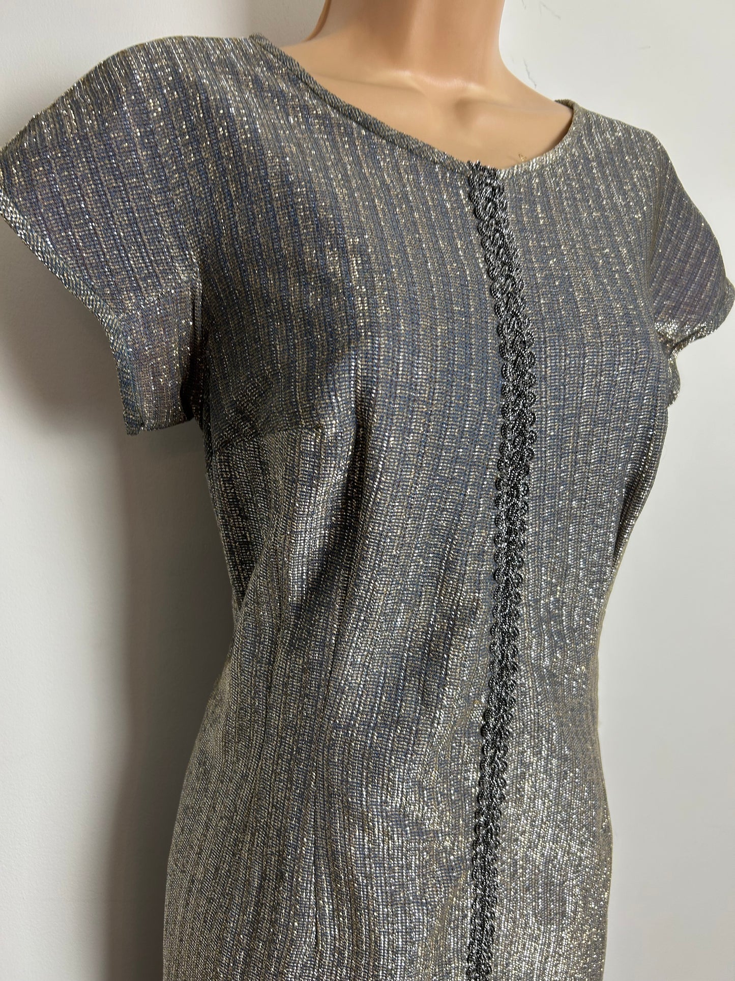 Vintage 1960s BERBRIGHT LONDON Size 12 Silver Lurex Braid Trim Evening Party Dress & Matching Cropped Jacket