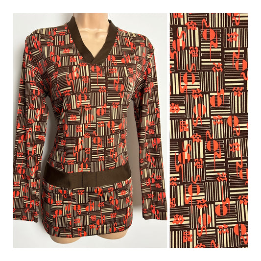 Vintage 1970s MARINER Size 10 Brown & Orange Abstract Geo Stripe Print Long Sleeve Top