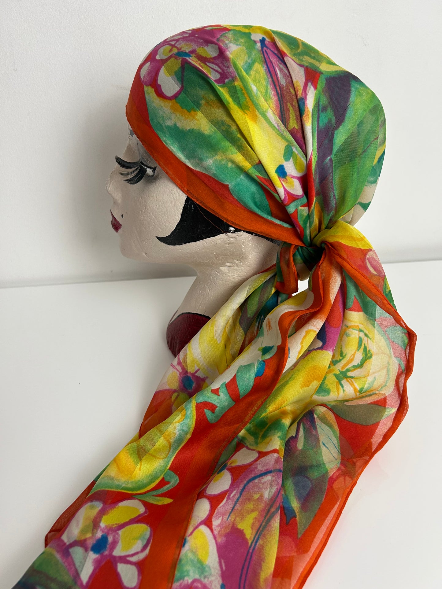 Vintage C&A Orange Yellow & Green Floral & Lemons Print Long Chiffon Scarf 154cm x 41cm