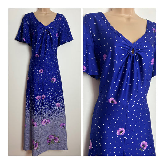 Vintage 1970s Size 14-16 Blue White & Pink Polka Dot & Floral Print Short Sleeve Maxi Dress