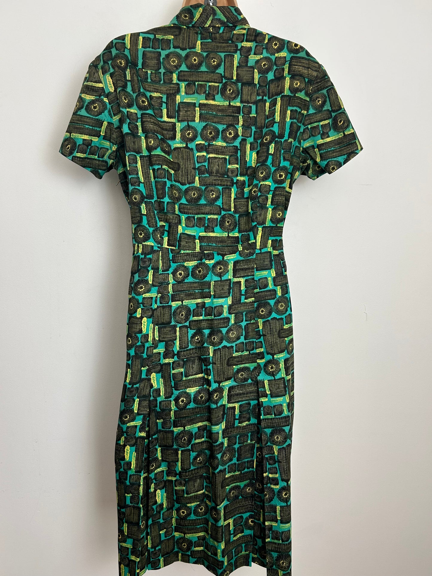 Vintage Late 1950s Early 1960s Size 12-14 Turquoise Brown & Lemon Abstract Geo Print Scarf Tie Pleated Cotton Dress
