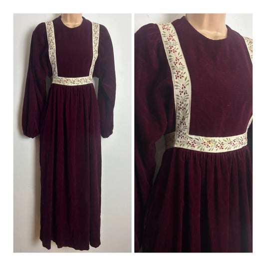 Vintage 1970s Size 8 Maroon Corduroy Floral Braid Trim Long Sleeve Tie Back Boho Prairie Maxi Dress