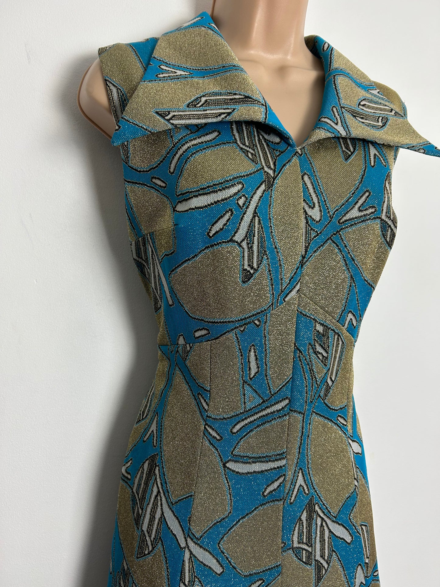 Vintage 1970s CANDA UK Size 12 Turquoise & Gold Abstract Print Lurex Occasion Evening Maxi Dress