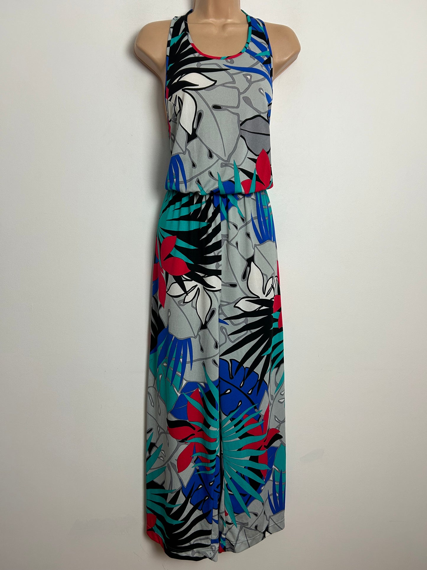 Vintage Late 1970s UK Size 10 Bleyle Grey Blue Turquoise & Red Tropical Leaf Print Cage Back Wide Leg Jumpsuit