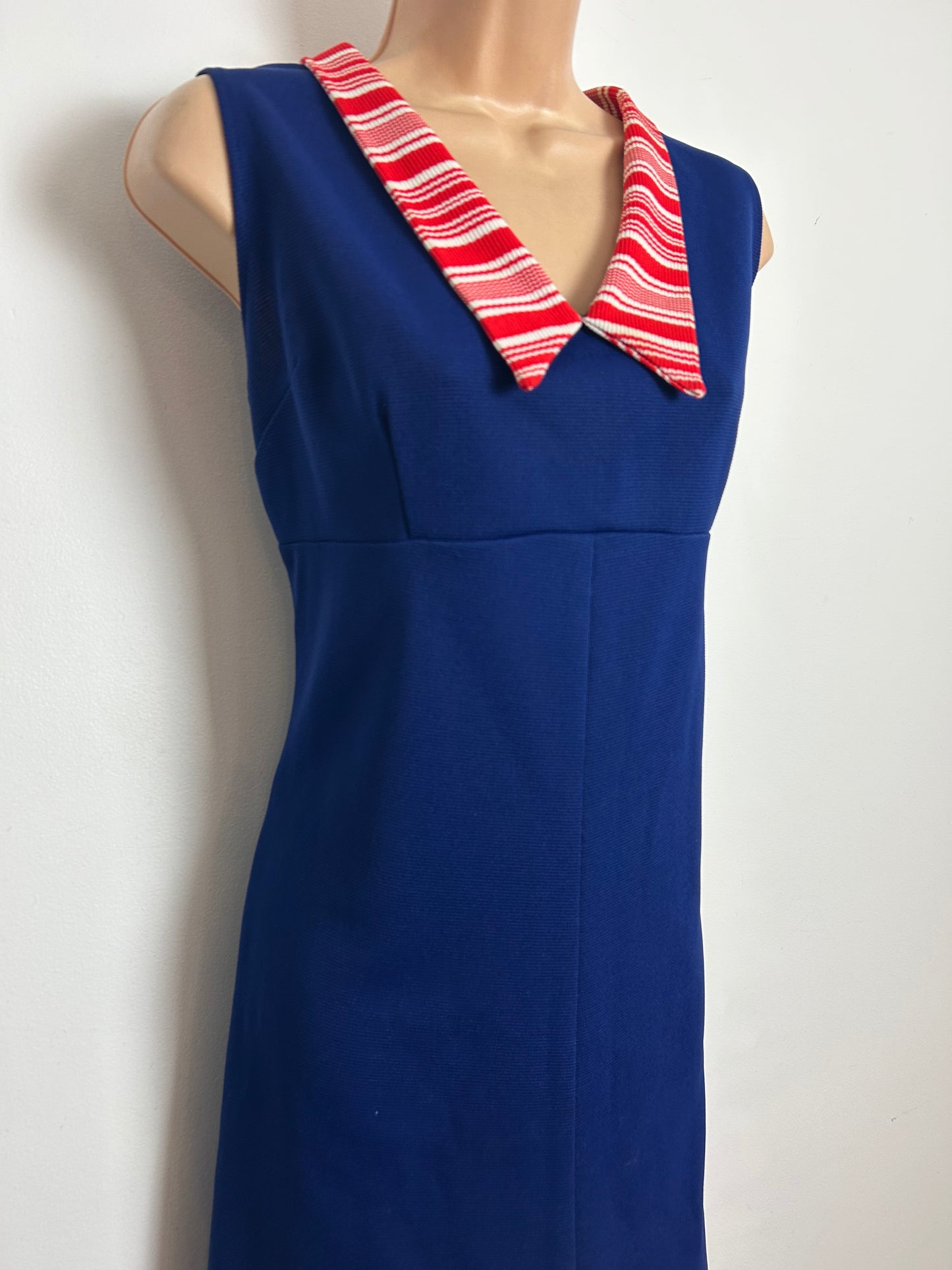 Vintage 1970s Size 12 Navy Blue Red & White Stripe Collar Sleeveless Mod Shift Dress