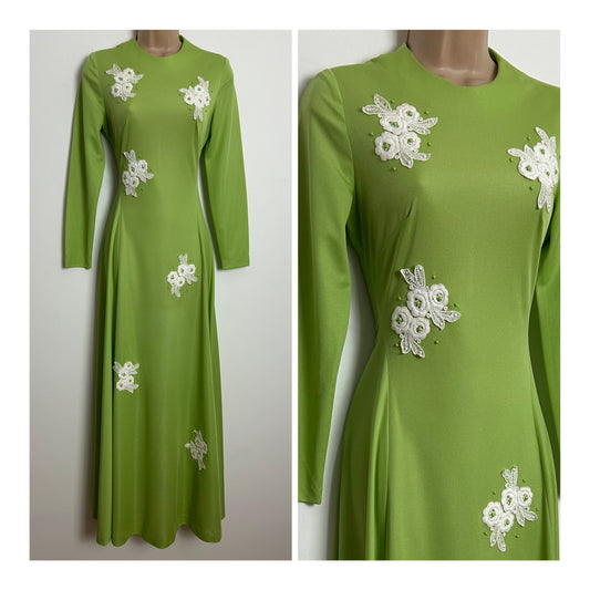 Vintage Early 1970s CARNEGIE OF LONDON Size 8 Green Floral Applique & Bead Detail Long Sleeve Occasion Maxi Dress