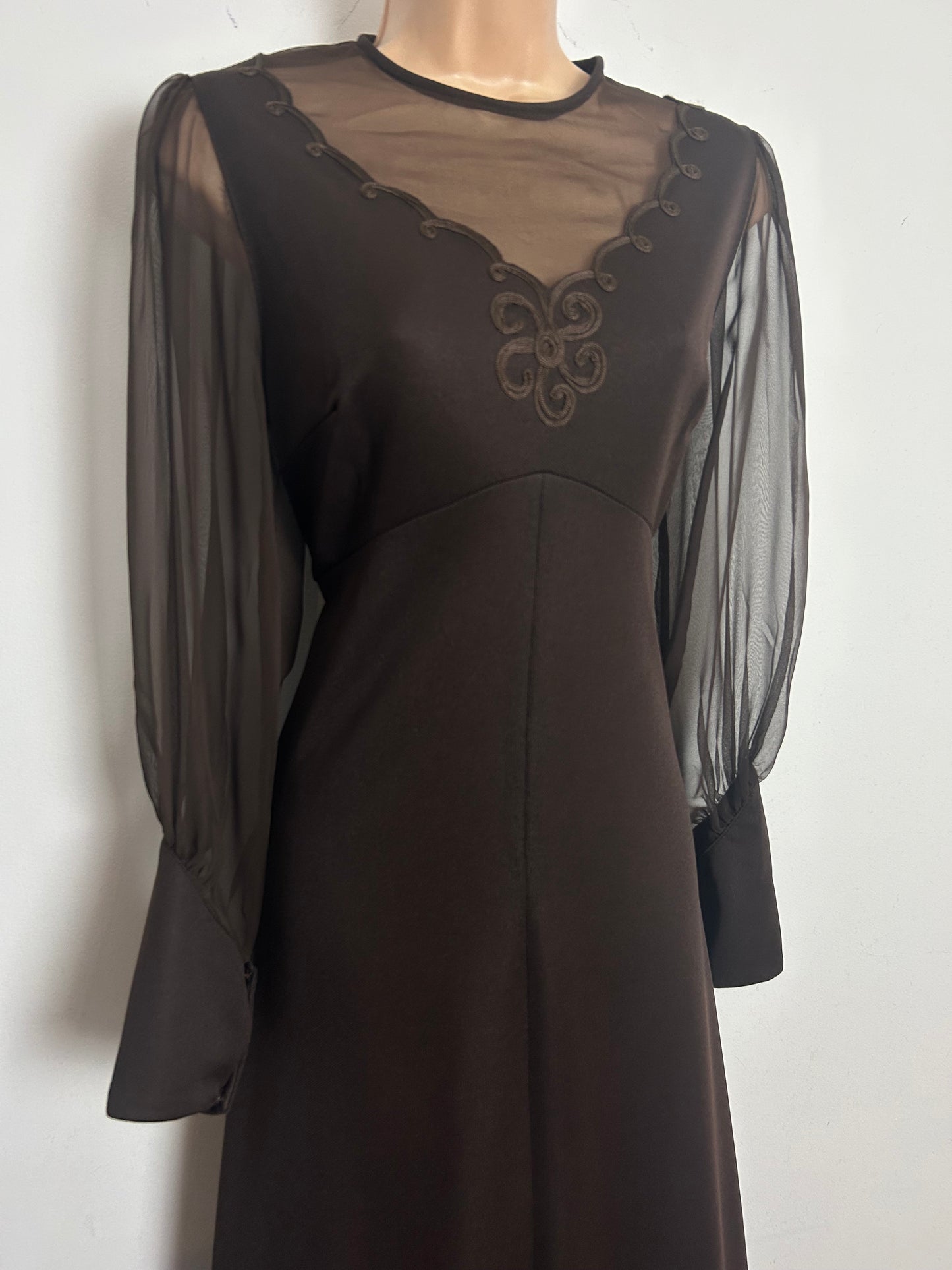 Vintage 1970s Size 10 Chocolate Brown Illusion Neck Long Sleeve Occasion Maxi Dress