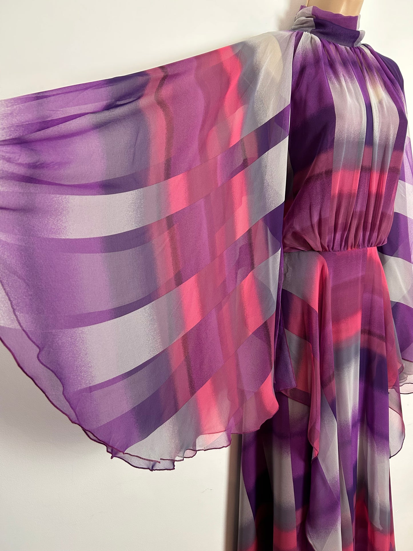 Vintage 1970s UK Size 12 Stunning Purple Pink & Grey Stripe Print HUGE Flared Cape Sleeves Occasion Maxi Dress