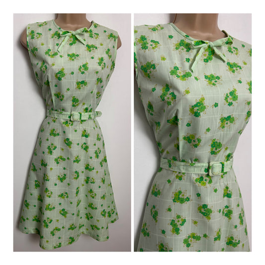 Vintage 1970s Size 10 Pale Green Floral Print Cotton Mix Belted Fit & Flare Summer Mod Dress