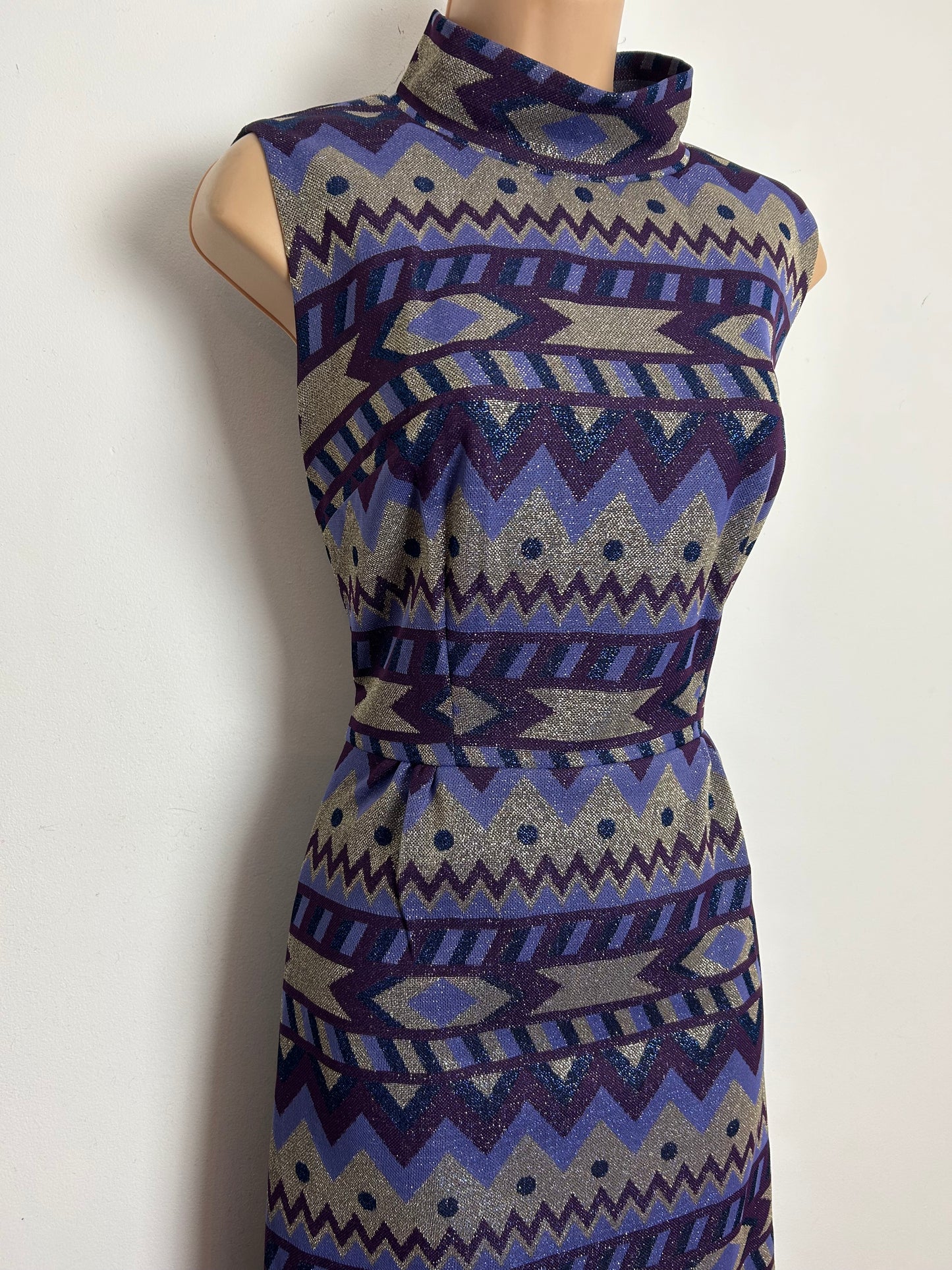 Vintage 1970s Size 12 Purple & Silver Tones Abstract Print Lurex Evening Maxi Dress