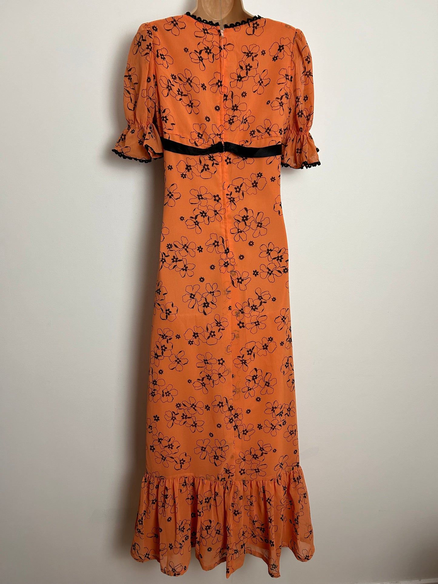 Vintage 1970s UK Size 10 Orange & Black Floral Print Ribbon Trim Short Sleeve Boho Prairie Maxi Dress