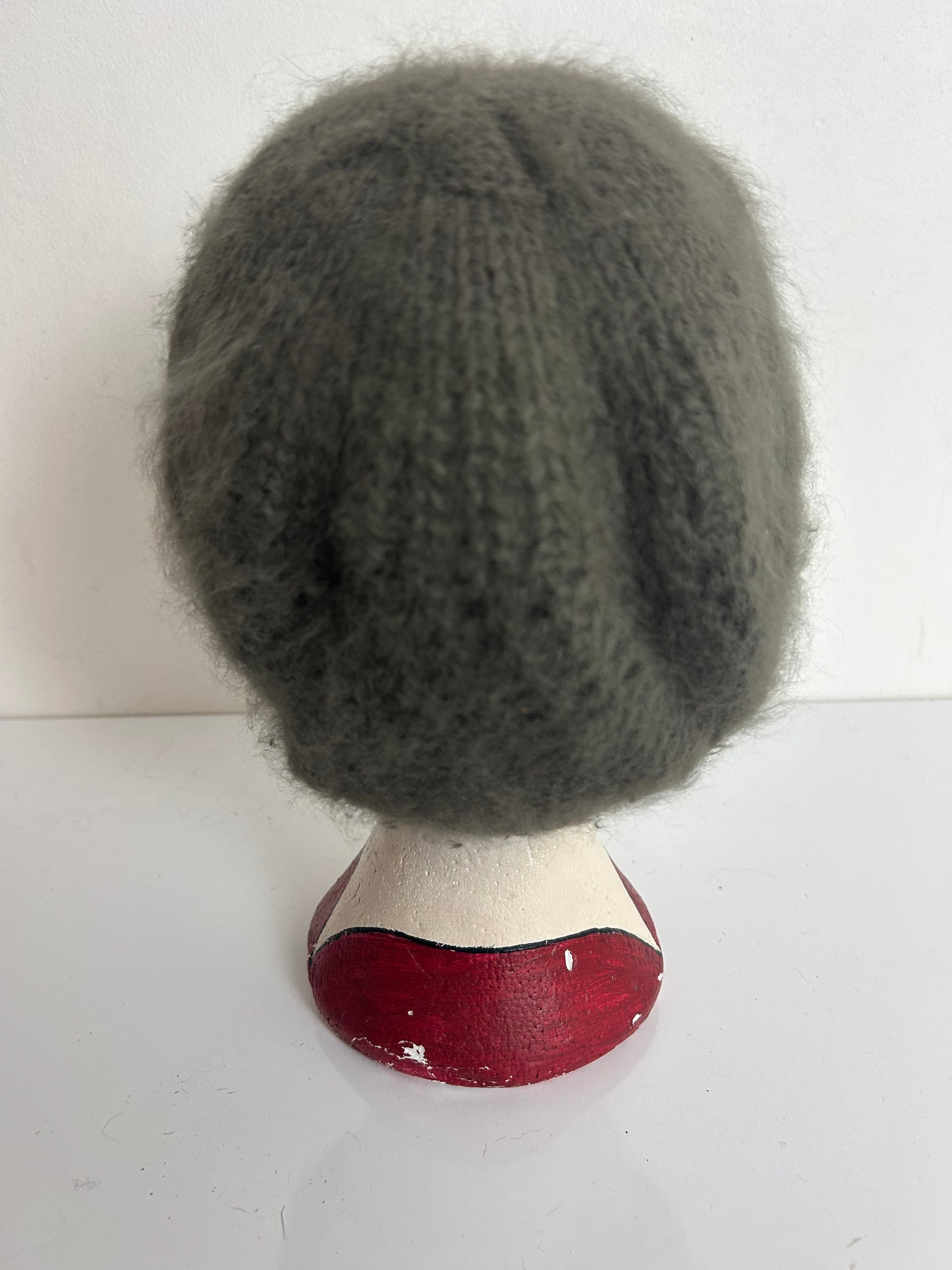Vintage 1970s Olive Green Chunky Knit Angora Mix Beanie/Beret Style Hat