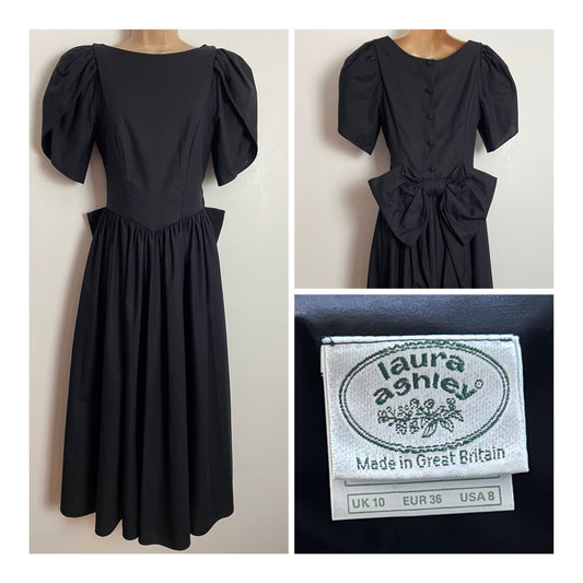 Vintage 1980s LAURA ASHLEY UK Size 6 (UK Size 10) Black Cotton Bow Back Short Tulip Sleeve Pleated Midi Dress