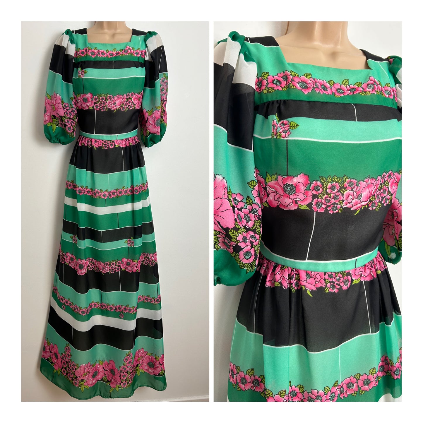 Vintage 1970s Size 10-12 Black Green White & Pink Stripe & Floral Print Puffed Sleeve Maxi Dress