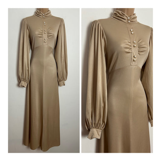 Vintage 1970s TINA WARREN UK Size 10 Cream High Neck Long Balloon Sleeve Maxi Dress