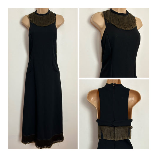 Vintage 1970s UK Size 8 Black Sleeveless Fringe Tassel Trim Evening Occasion Maxi Dress