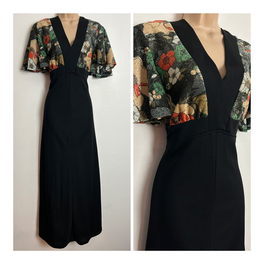 Vintage 1970s UK Size 16 Black Beige Orange & Green Floral Print Lurex Bodice Flutter Sleeve Maxi Dress