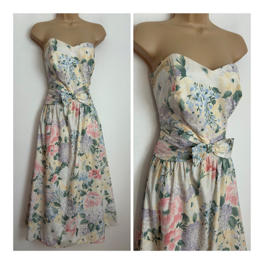 Vintage 1980s JAHN & PILL Size 12 Pastel Lemon Pink Lilac & Green Floral Print Strapless Party Prom Dress