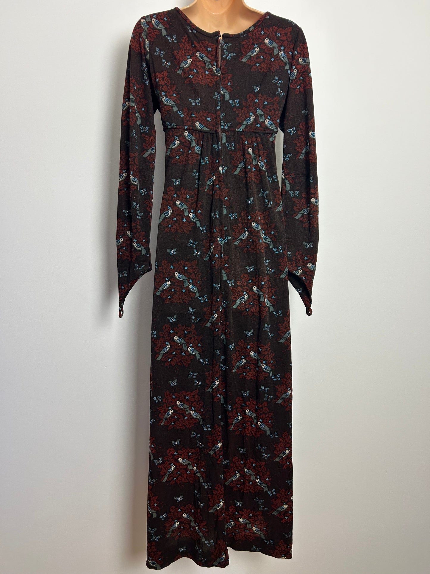 Vintage 1970s ST ANDRE Size 10 Brown Tones Bird & Butterfly Novelty Print Long Sleeve Maxi Dress With Finger Loops