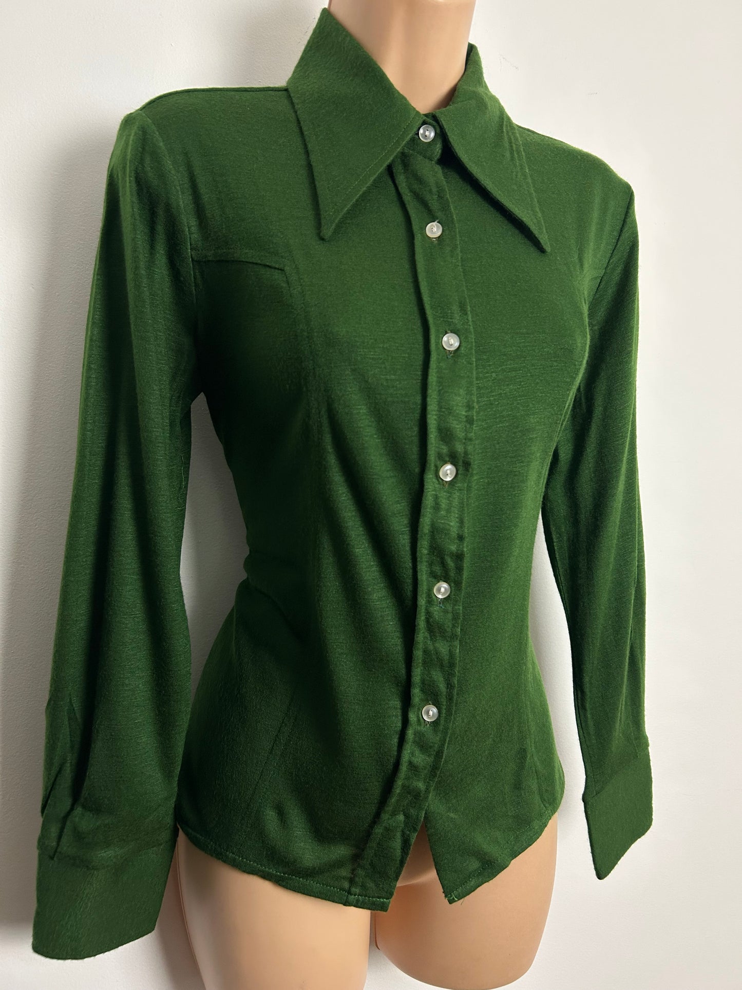 Vintage 1970s Size 10-12 Moss Green Dagger Collar Long Sleeve Shirt