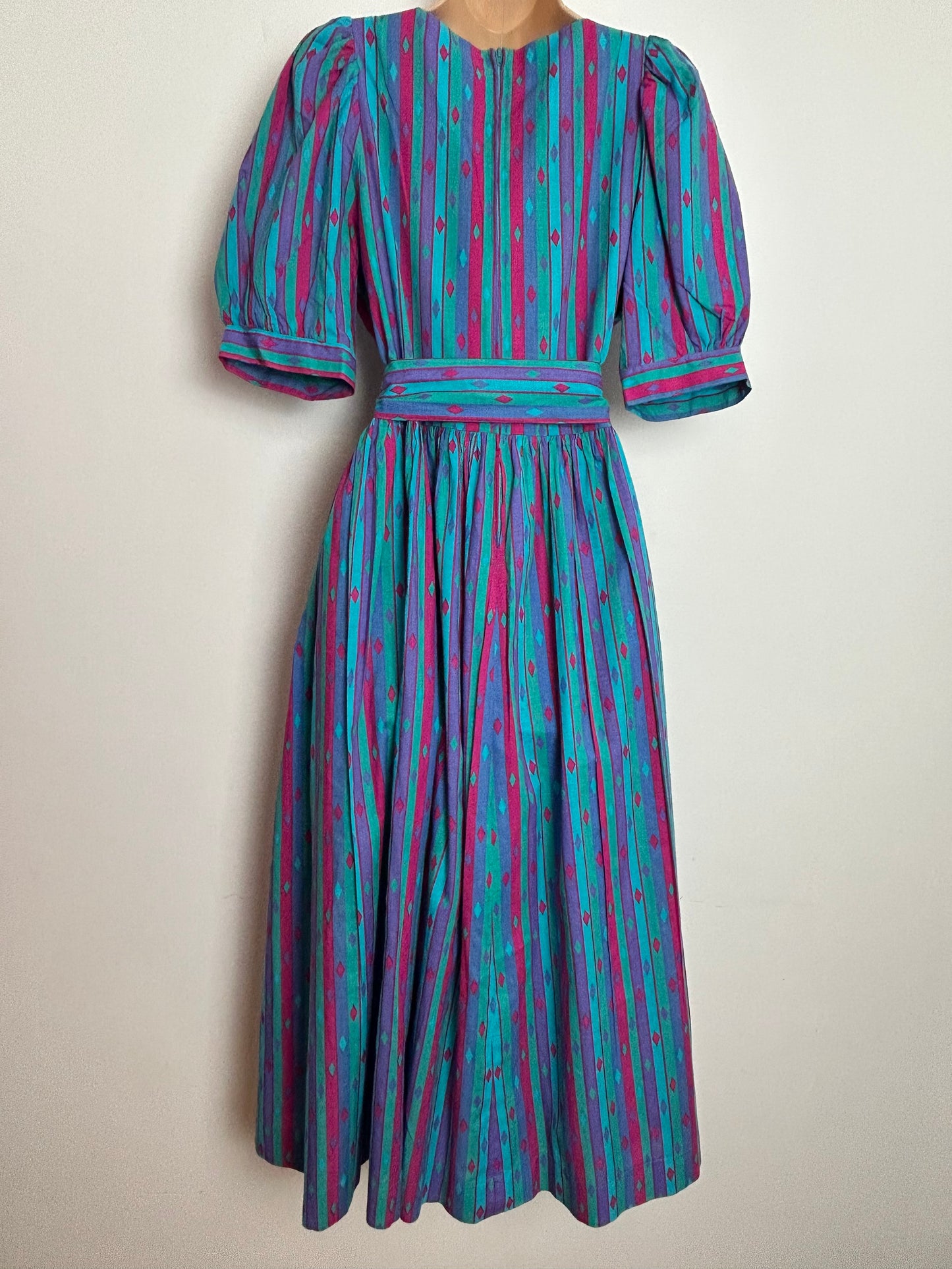 Vintage 1980s LAURA ASHLEY UK Size 12 Turquoise Purple & Pink Stripe & Diamond Print Cotton Belted Midi Dress