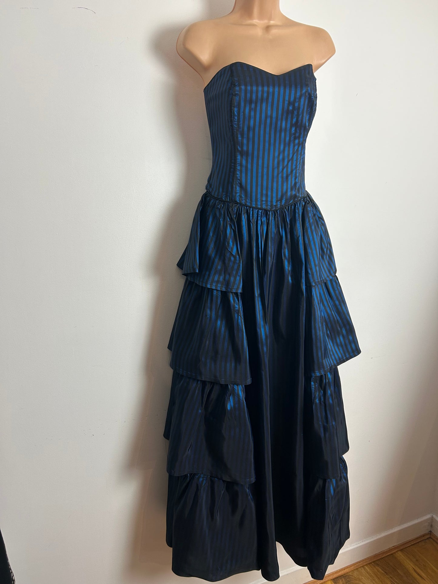 Vintage 1980s LAURA ASHLEY UK Size 10 (Size 14 On Label) Strapless Blue & Black Stripe Tiered Full Length Ballgown