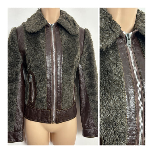 Vintage 1980s UK Size 10 Brown & Dark Grey Faux Fur & Faux Leather Bomber Style Jacket