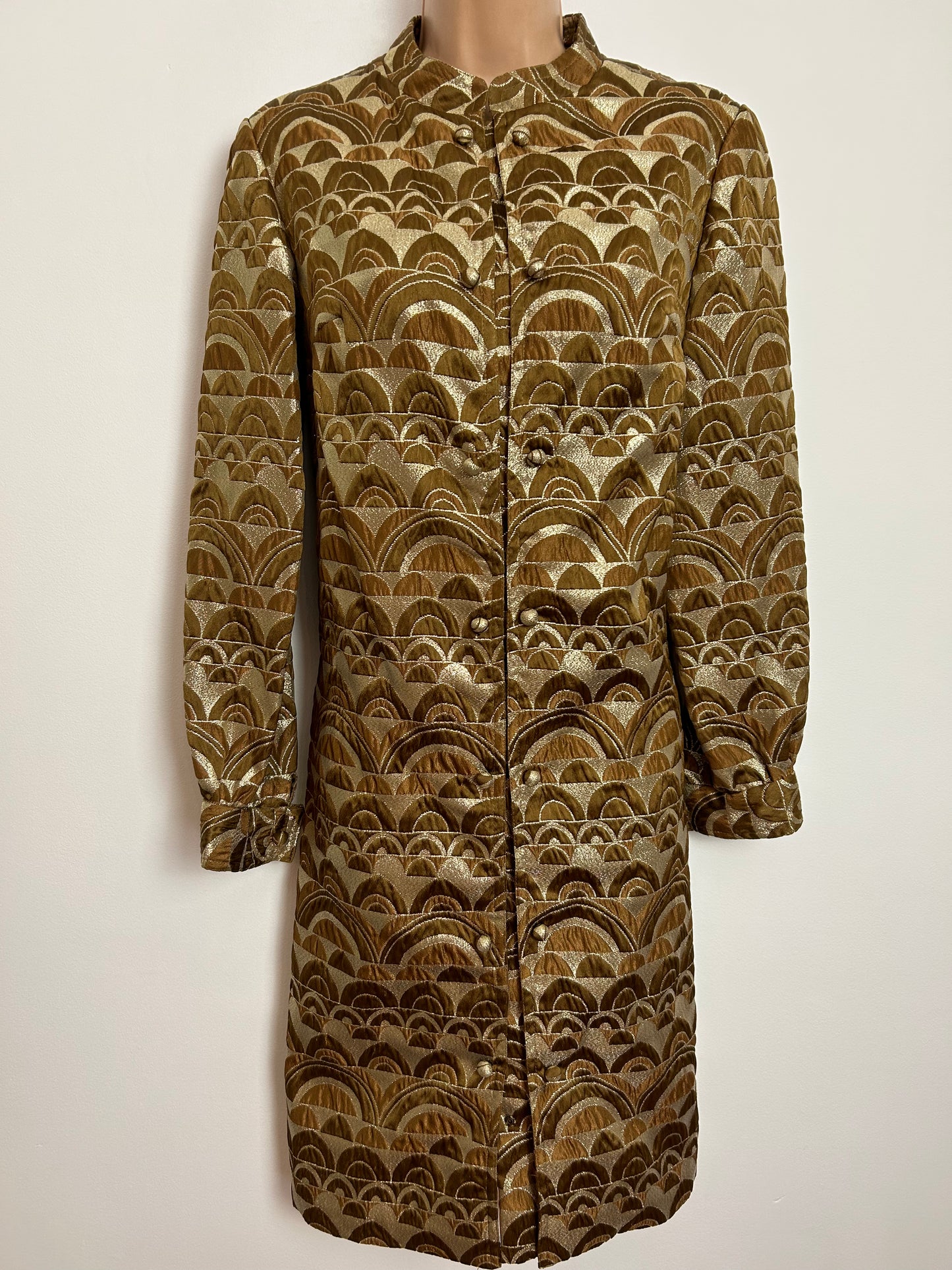 Vintage 1960s LA STRADA UK Size 10 Gold & Bronze Brocade Arc Print Long Sleeve Mod Occasion Party Shift Dress