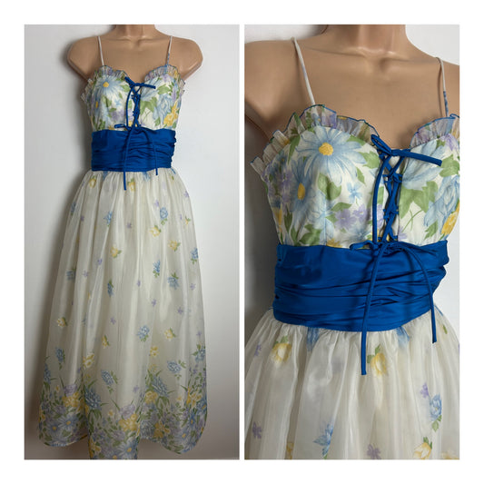 Vintage Late 1970s JOHN CHARLES Size 8 White Blue & Yellow Floral Print Lace Up Detail Summer Prom Party Occasion Maxi Dress