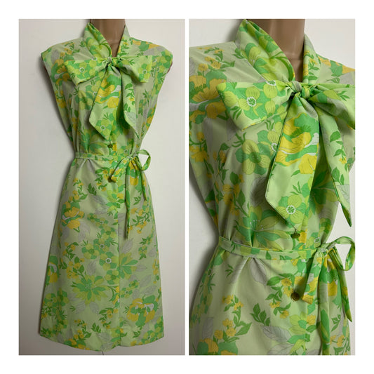 Vintage 1970s BELLMANS Size 14 Green & Lemon Tones Floral Pussy Bow Belted Nylon Dress