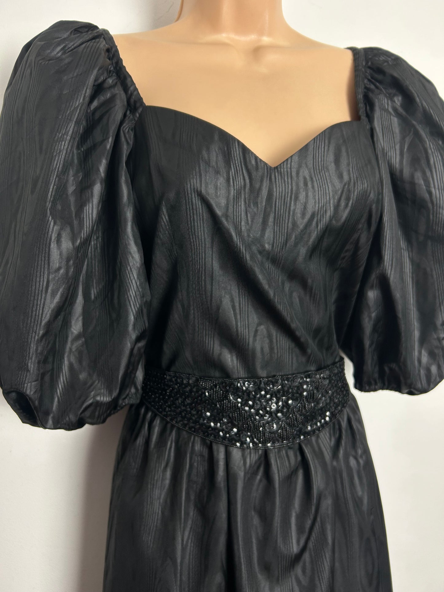 Vintage 1980s Size 10 Black Watermark Acetate Satin Bead & Sequin Belted Puff Sleeve Evening Maxi Dress