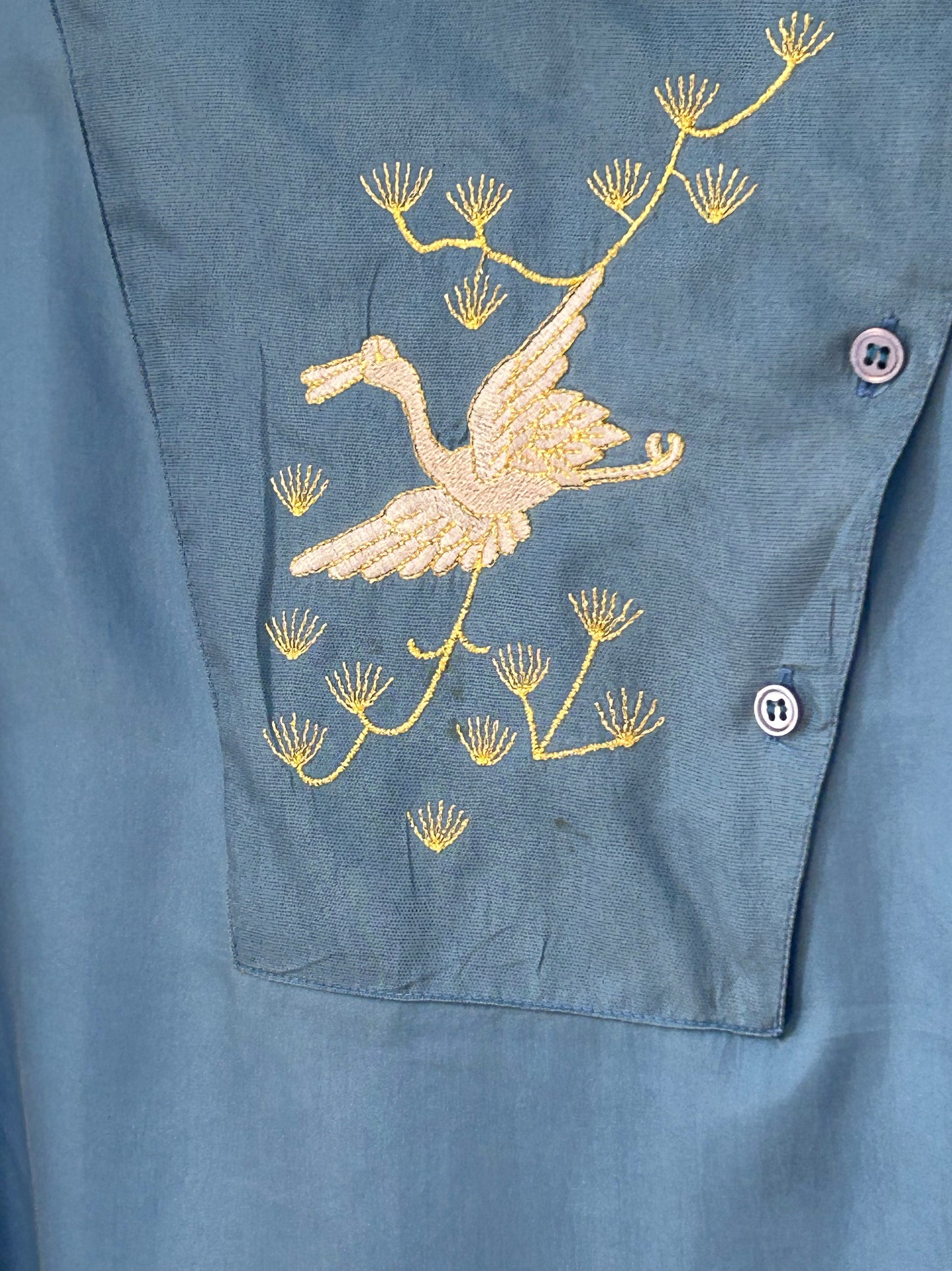 Vintage 1970s BIBA UK Size 12 100% Silk Blue & Gold Embroidered Crane Detail High Collared Neck Long Sleeve Blouse