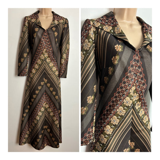 Vintage 1970s UK Size 8-10 Brown Beige & Rust Floral Stripe & Geo Print Long Sleeve Kaftan Style Boho Maxi Dress