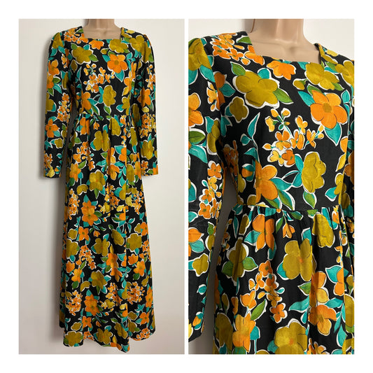 Vintage 1970s UK Size 12-14 Black Orange Greeny Yellow & Turquoise Floral Print Cotton Mix Long Sleeve Maxi Dress