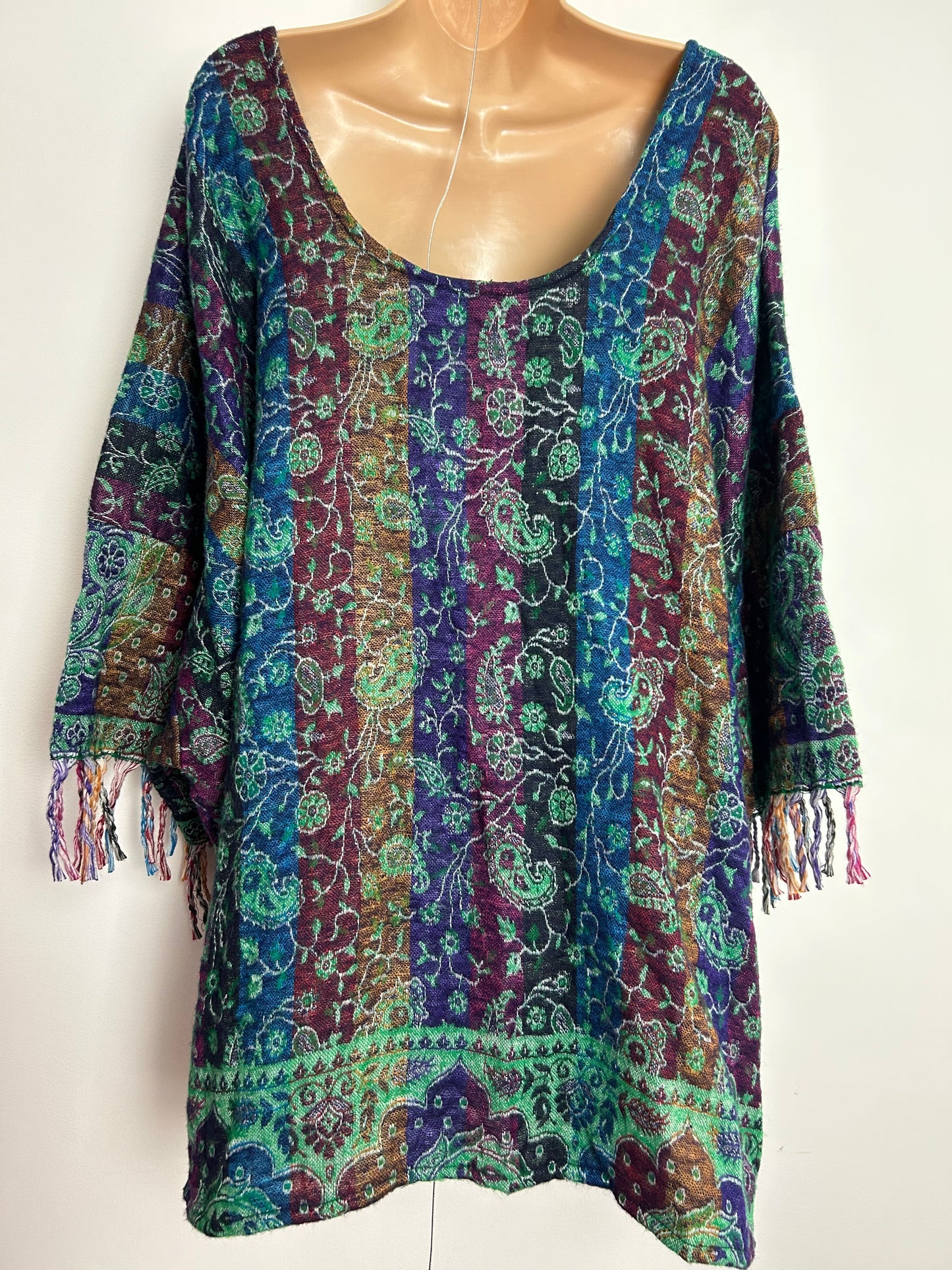 Vintage 80s 90s Gorgeous Indian Blue Green Red & Purple Floral Paisley Fringed Sleeve Poncho/Cape Style Top