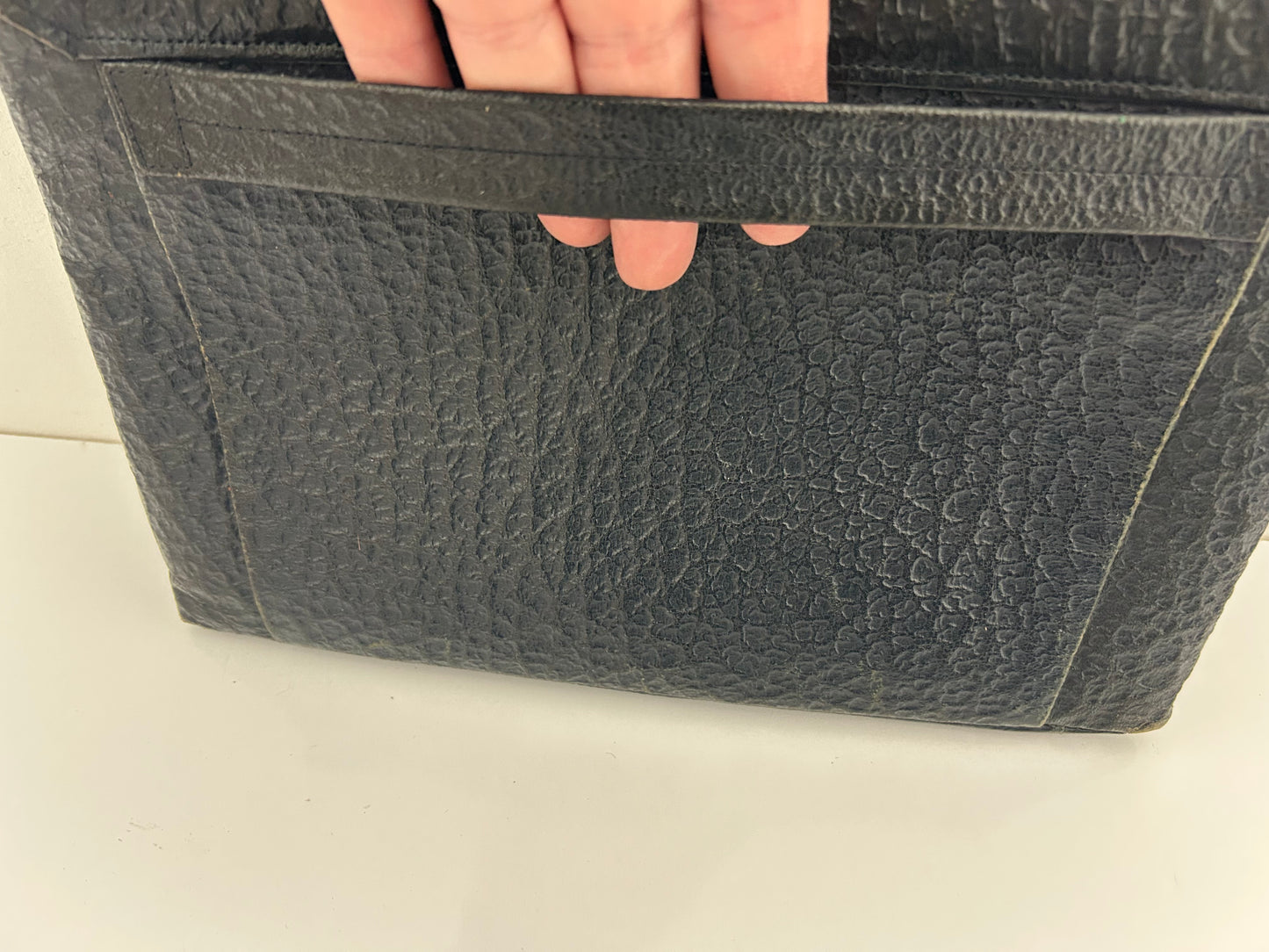 Vintage Late 1940s Black Textured Leather Flap Fastening Finger Strap Clutch Bag