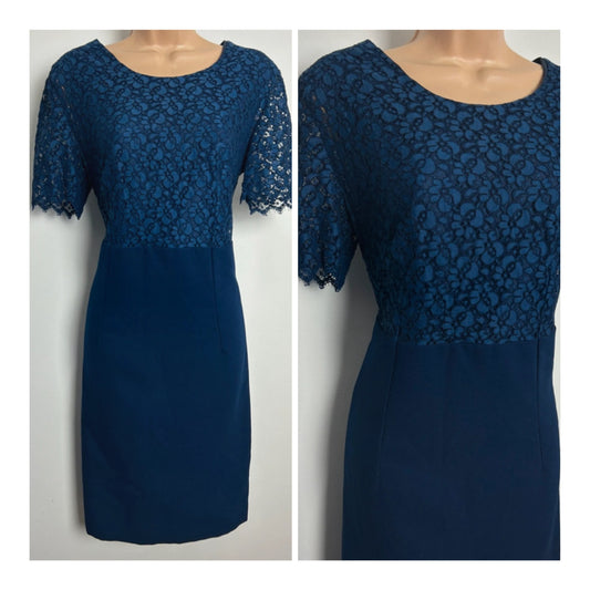 Vintage 1960s Size 12-14 Navy Blue Lace Bodice Short Sleeve Party Occasion Dress
