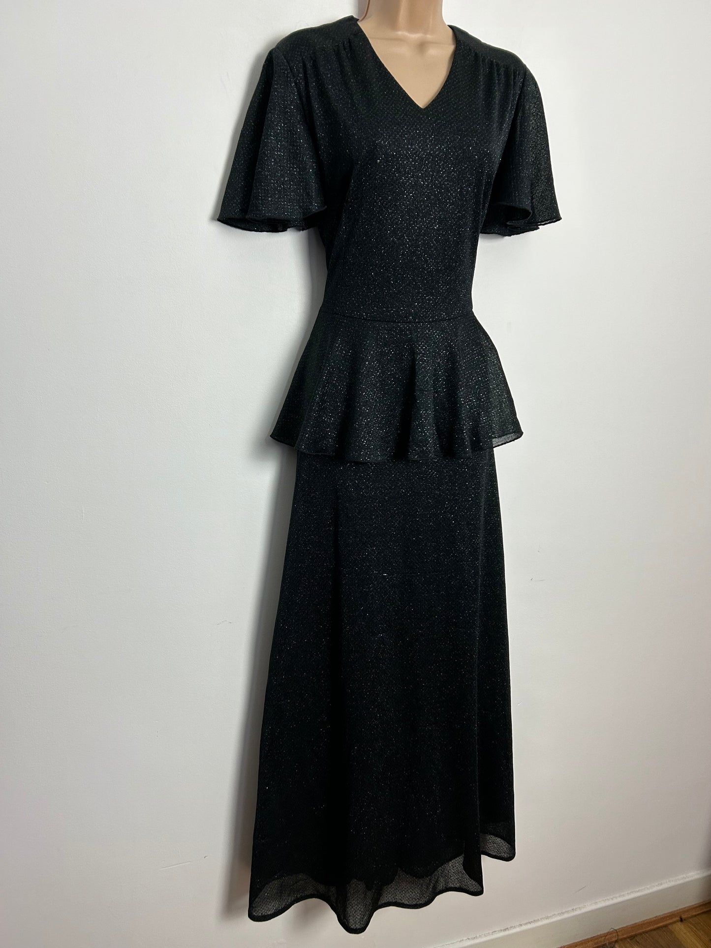 Vintage 1970s UK Size 14 Black Lurex Peplum Occasion Evening Maxi Dress