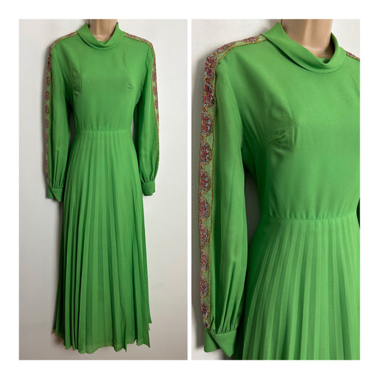 Vintage 1970s UK Size 10 Lime Green Chiffon Pleated Long Sleeve Glittery Braid Trim Occasion Maxi Dress
