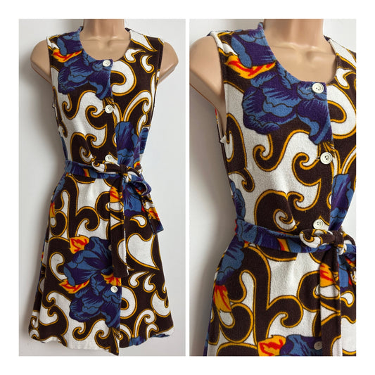 Vintage Late 1960s ST MICHAEL Size 6-8 Brown White Blue & Orange Abstract & Floral Print Towelling Belted Mod Dress
