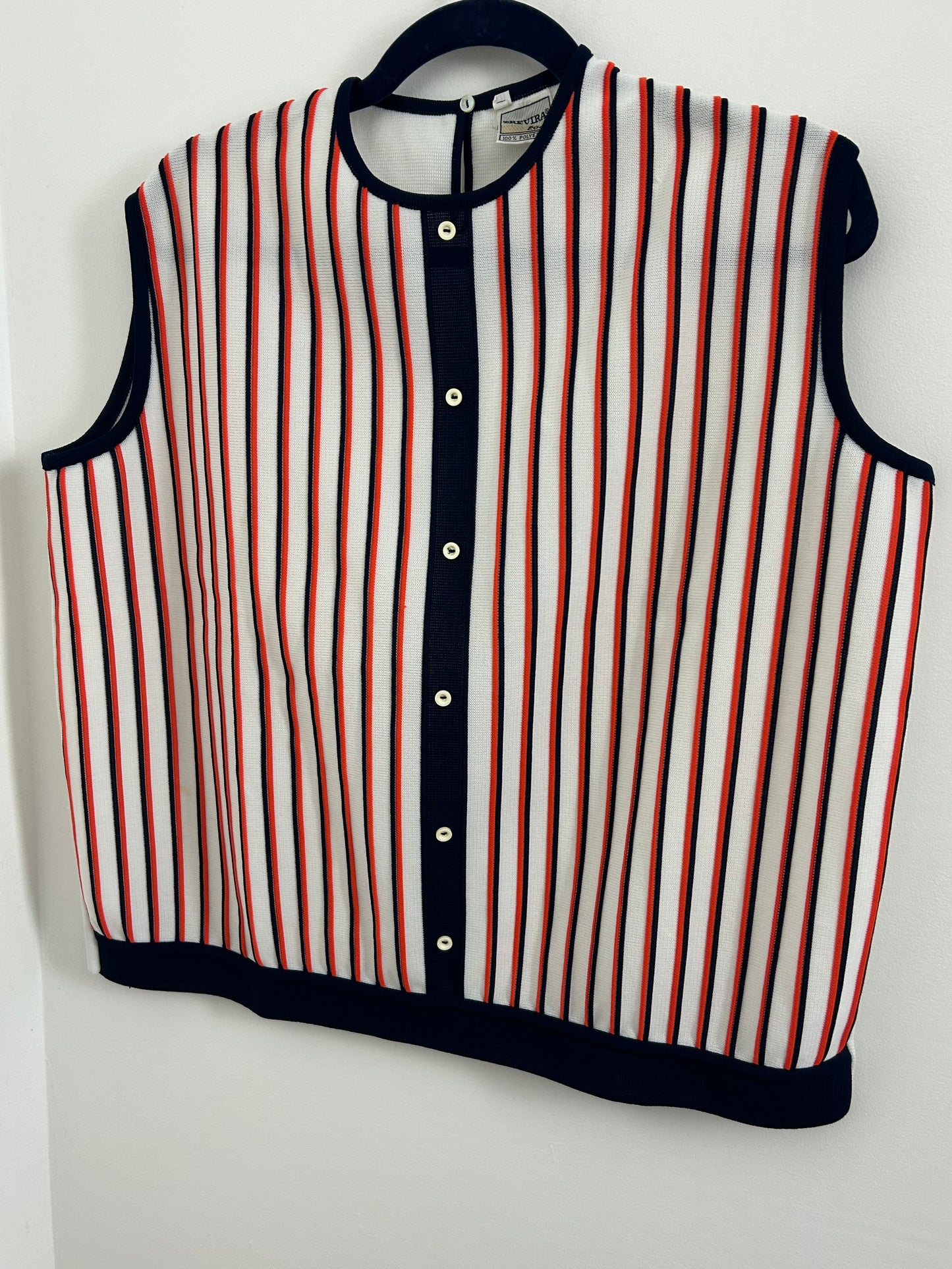 Vintage 1960s Size 16-18 White Red & Navy Blue Textured Stripe Sleeveless Mod Top